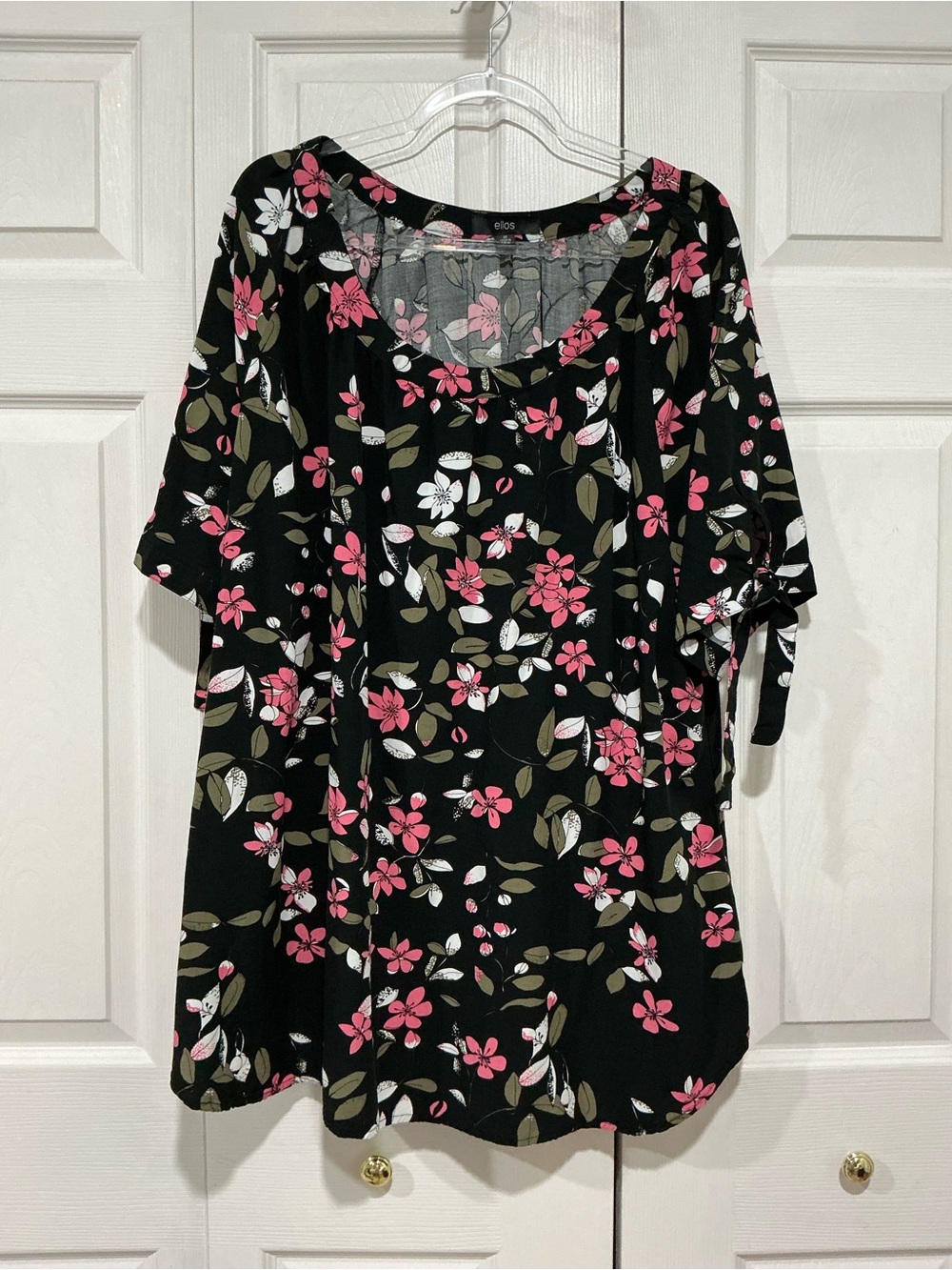 🤎 Ellos  Black Pink White Floral Shorts Sleeve Blouse / Top Tie Sleeve - 22